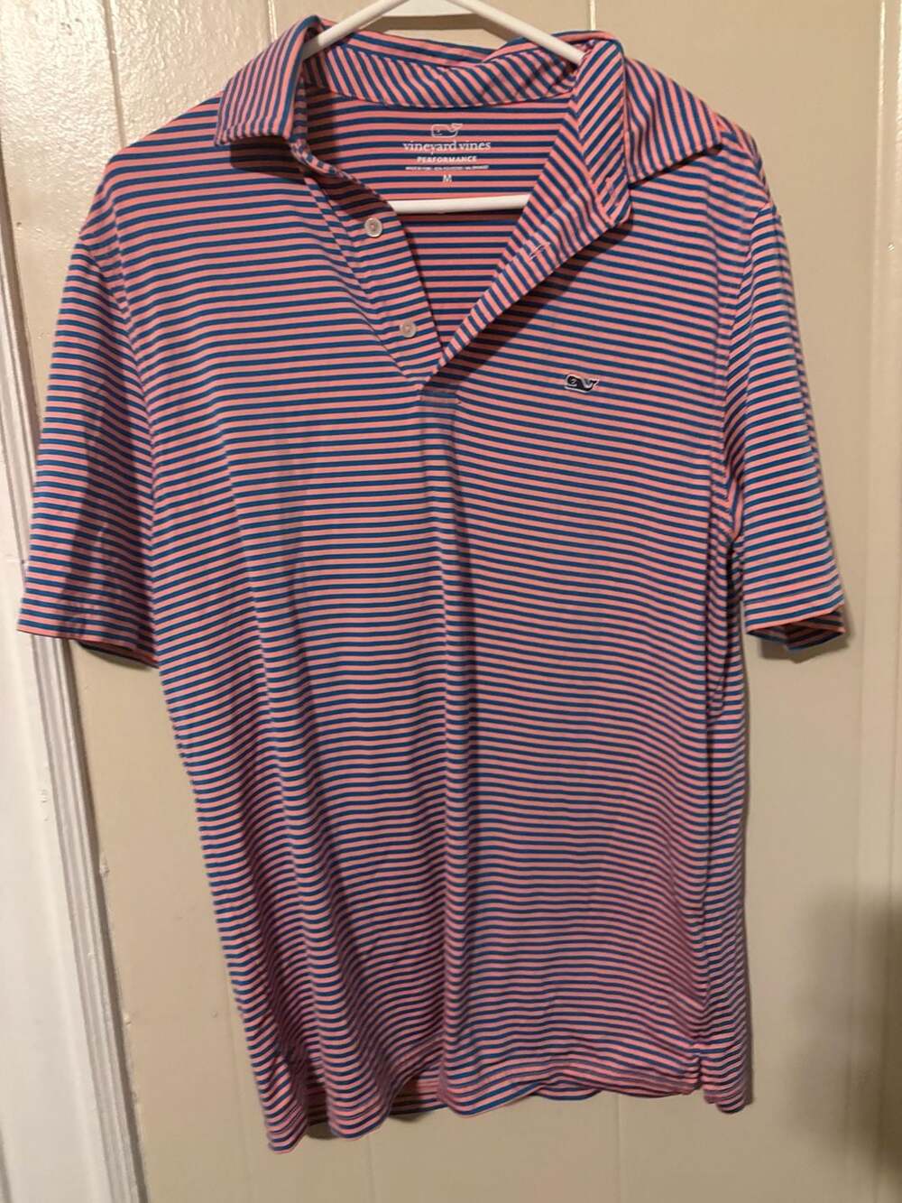 Vineyard Vines Performance Stripe Sankaty Polo Shirt Medium Pink Blue